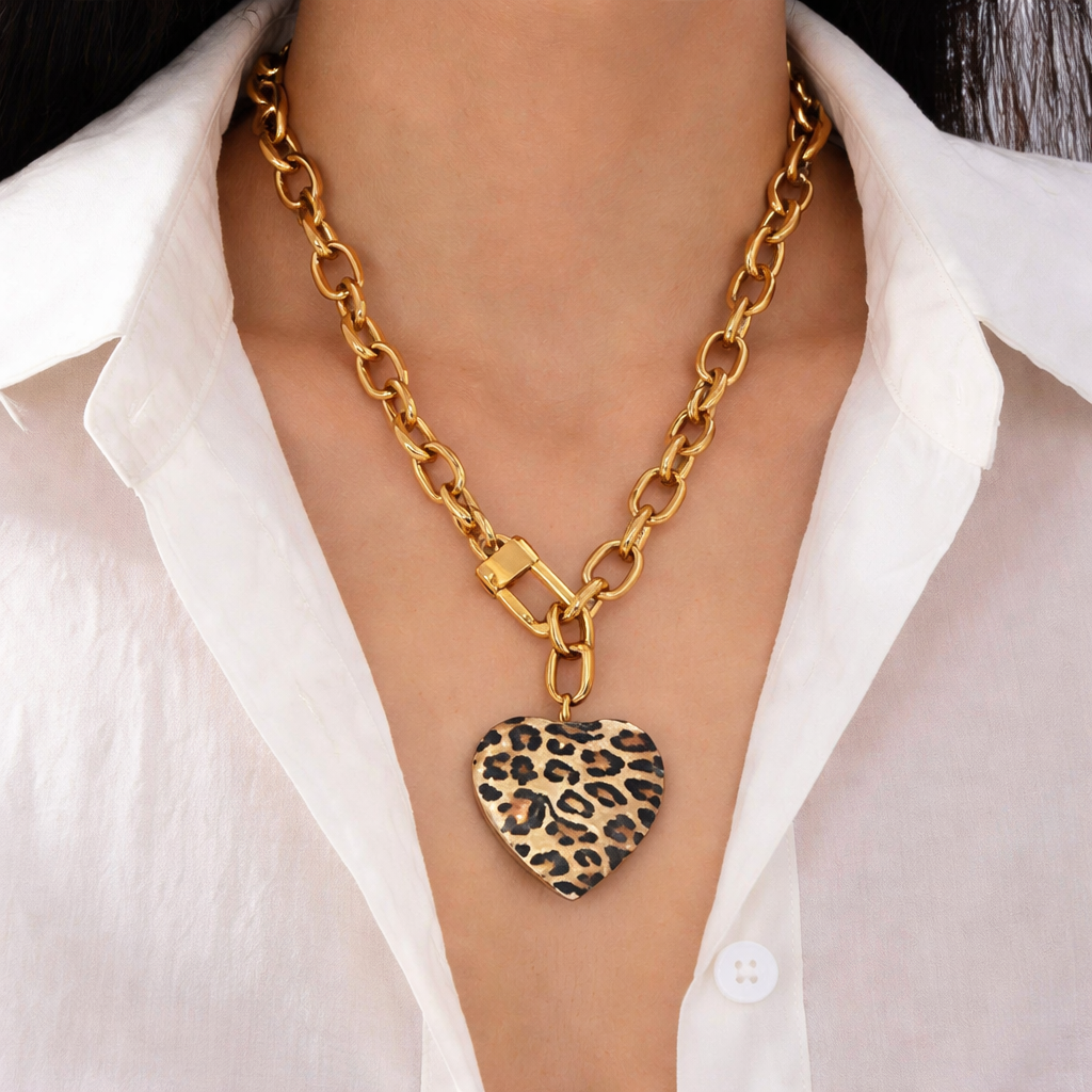 Leopard Heart Statement Chain Necklace – Bold Gold Link Charm Necklace