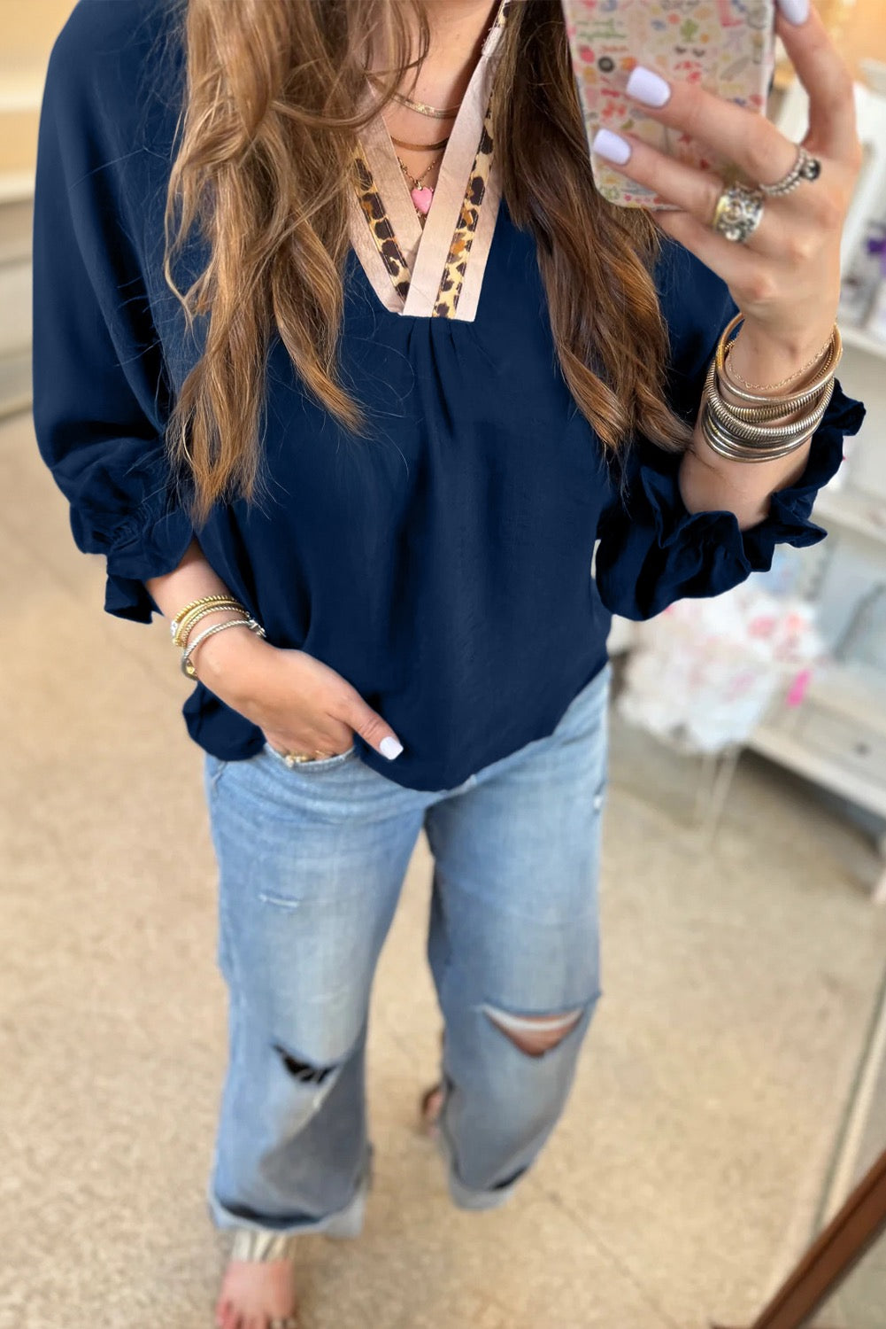 Navy Blue Leopard Trim Blouse for Women | 3/4 Sleeve Business Casual V-Neck Top