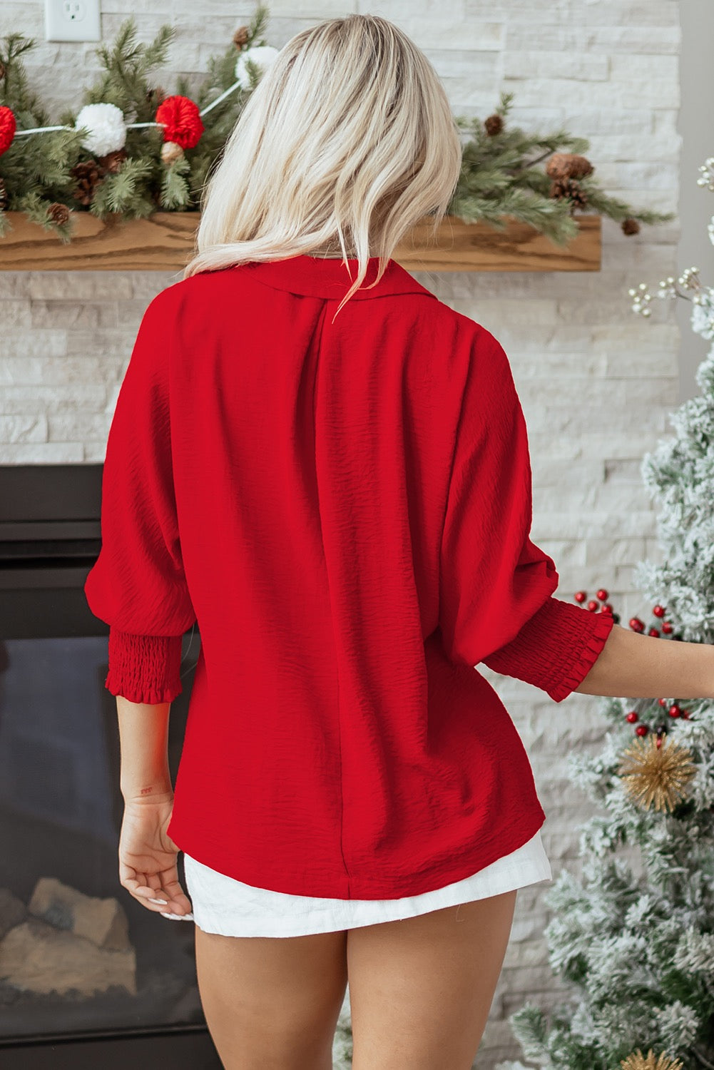 Chic Red Smocked Sleeve Blouse – Effortlessly Elegant Holiday Top