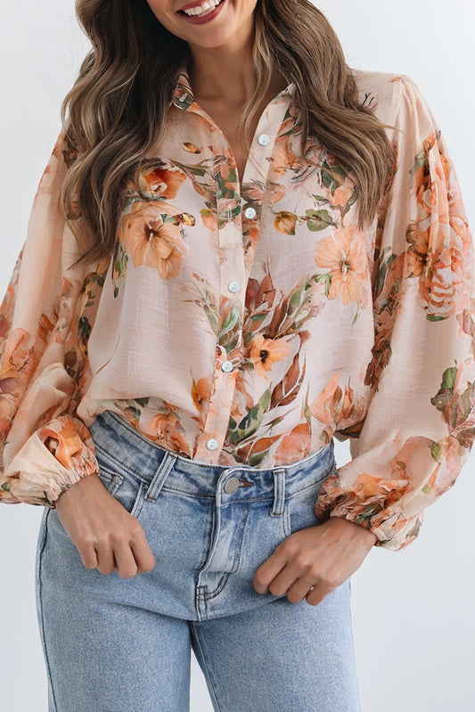 Autumn Floral Puff Button-Down Long Sleeve Blouse