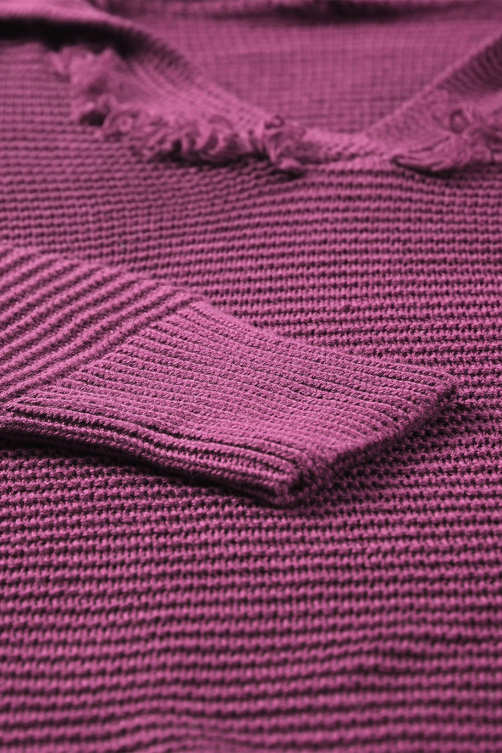 Women’s Cozy Ribbed Knit Hoodie Sweater – Frayed V-Neck Pullover in Wine Berry