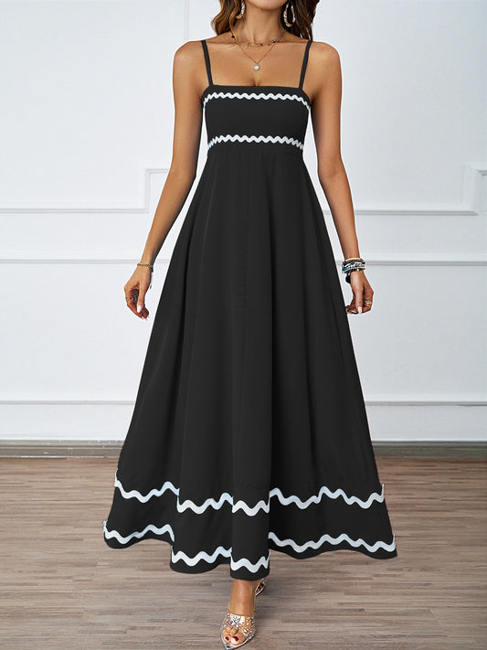 White Wavy Trim Maxi Sundress - Black