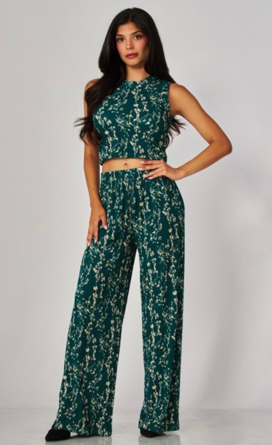 Green Floral Two-Piece Set – Sleeveless Crop Top & Wide Leg Pants