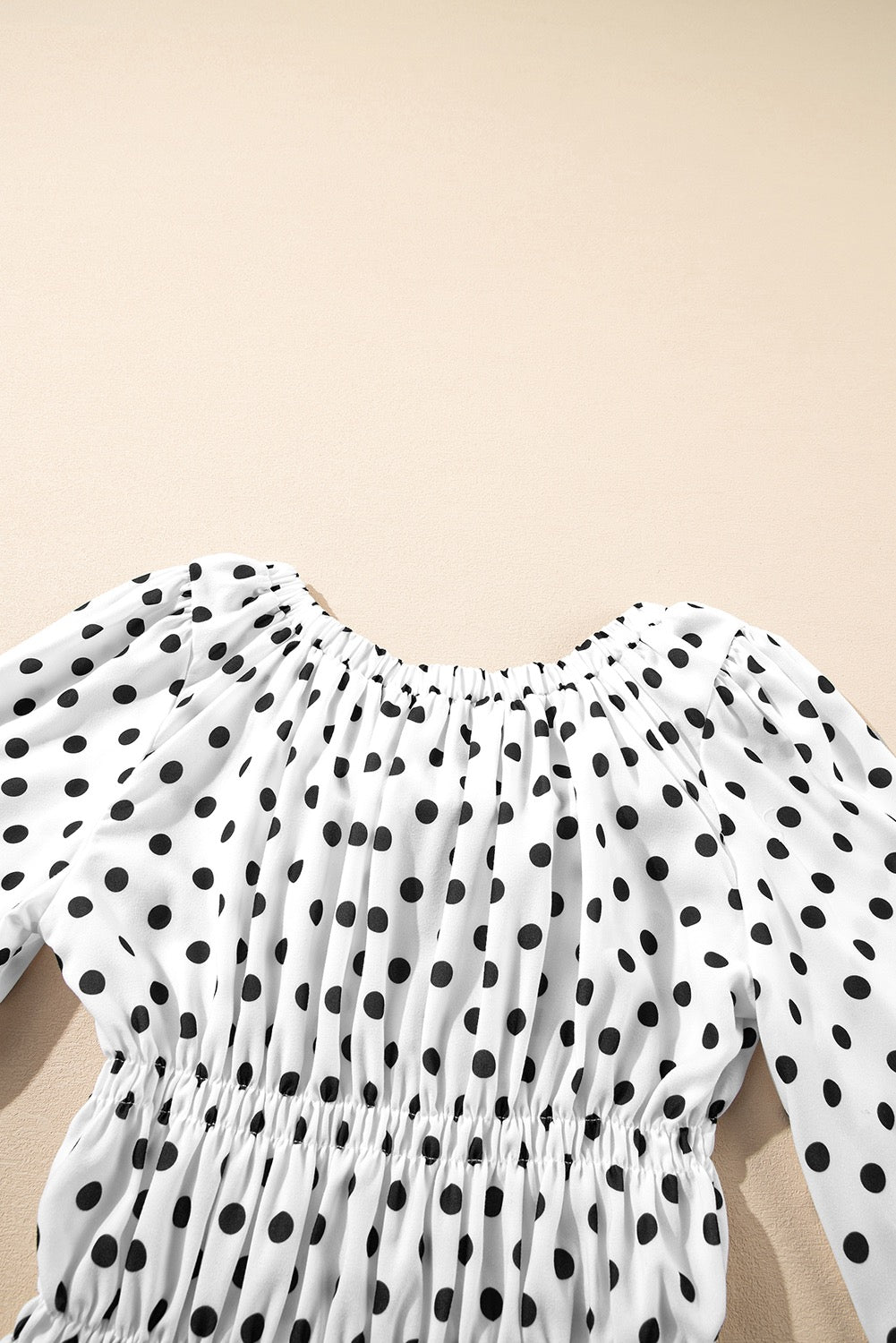 Women’s White Black Polka Dot Peplum Blouse with Puff Sleeves | Flattering Smocked Waist Dressy Casual Top