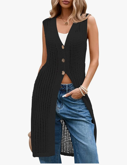 Black Sleeveless Knit Longline Cardigan Vest – Button Front Open Knit Layer