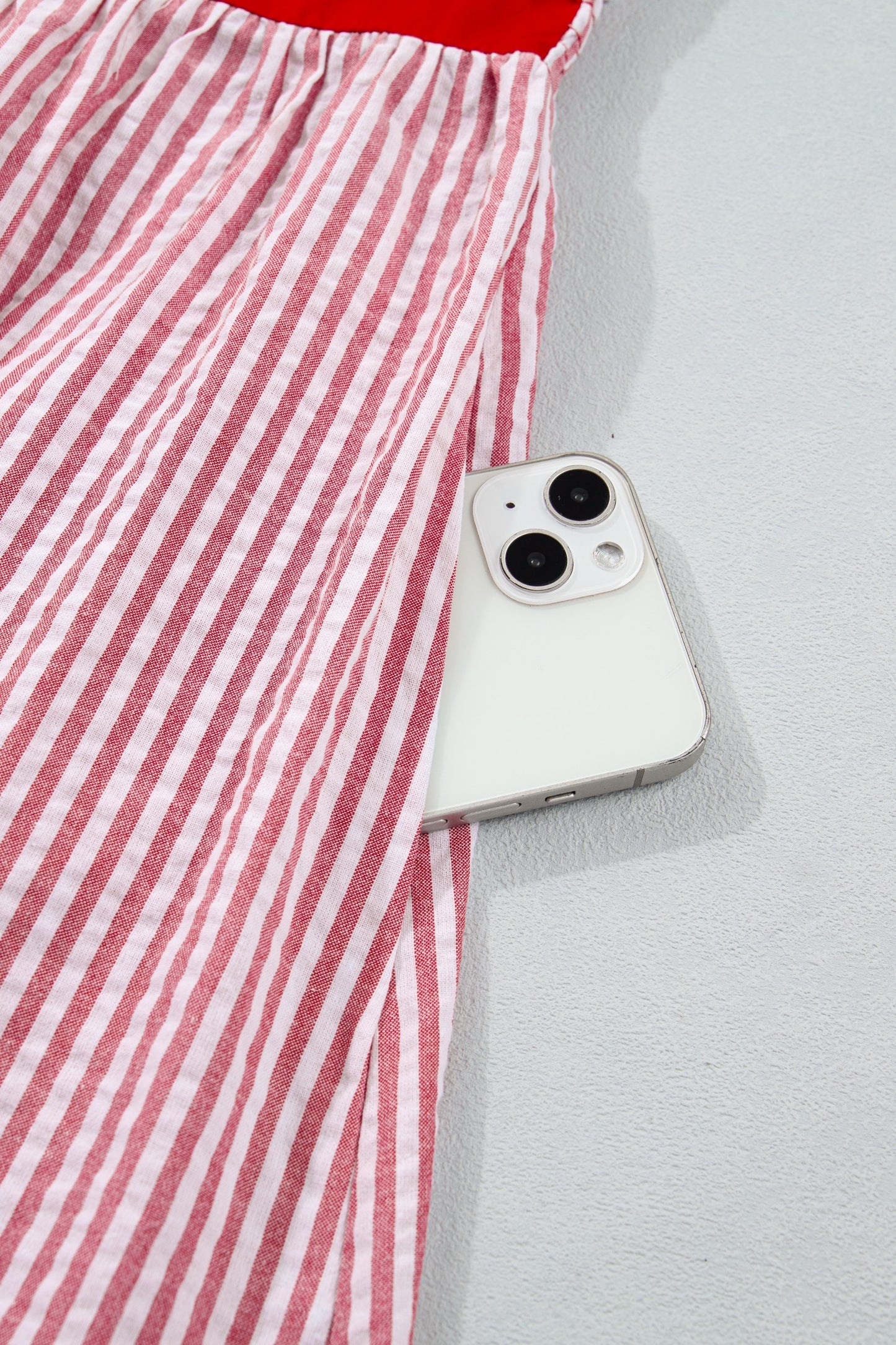 Sweet Americana Tie-Shoulder Striped Seersucker Red Maxi Dress with Pockets