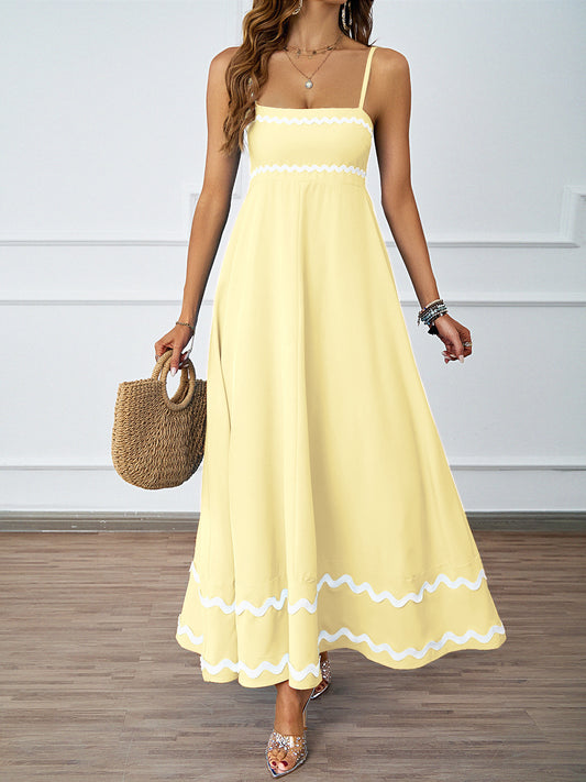 White Wavy Trim Maxi Sundress - Yellow