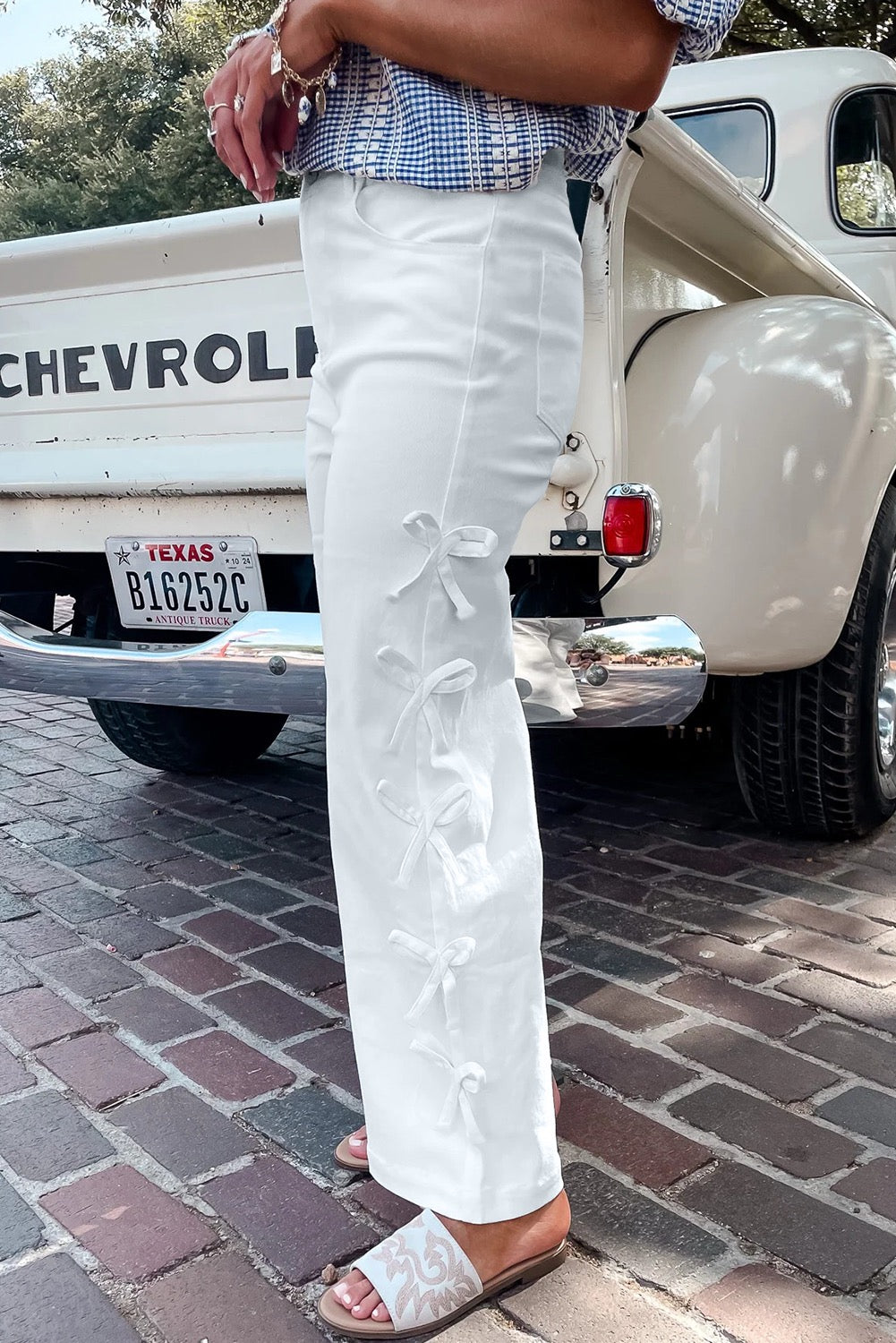 White Bow Detail Wide Leg Denim Pants for Women | High Waisted Chic Trousers