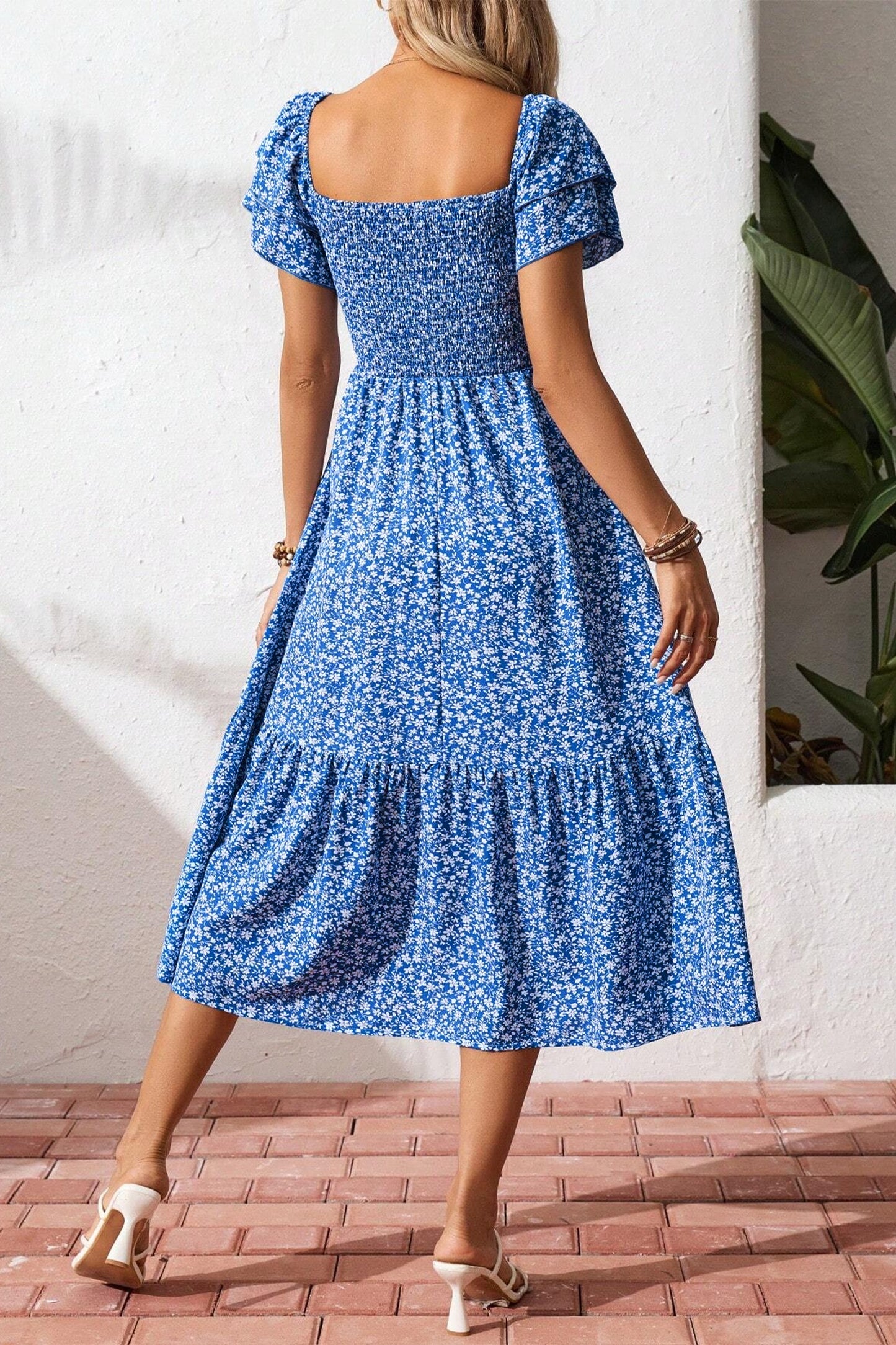 Blue Floral Smocked Midi Dress with Flutter Sleeves | Women’s Square Neck Summer Boho Dress