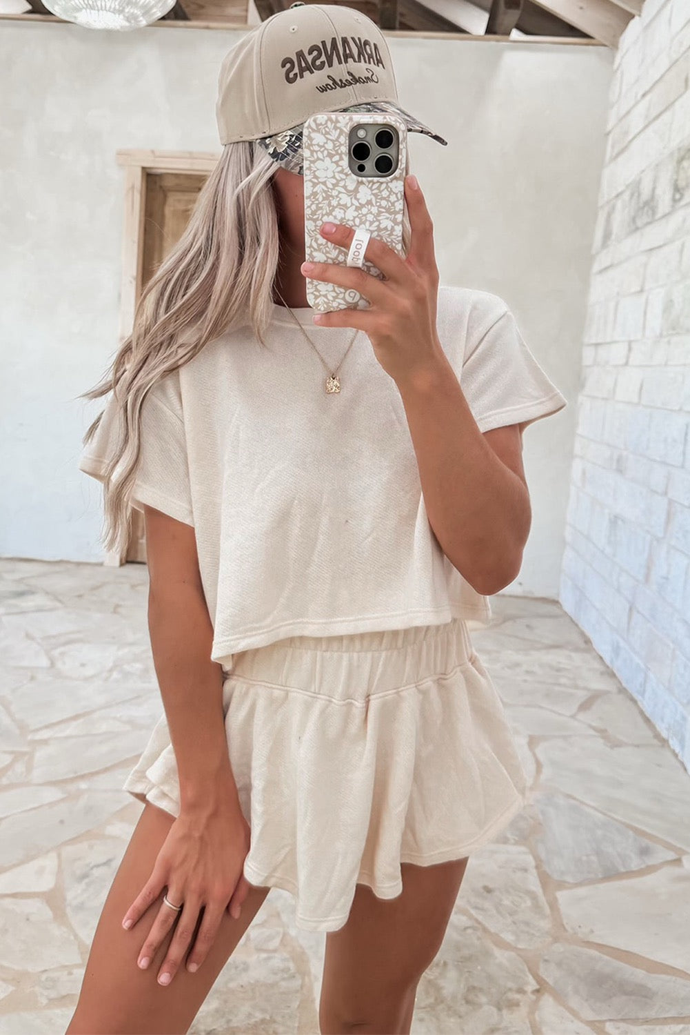 Women’s Two-Piece Set – Soft Crop Top & High Waist Ruffle Shorts Set Outfit - Beige
