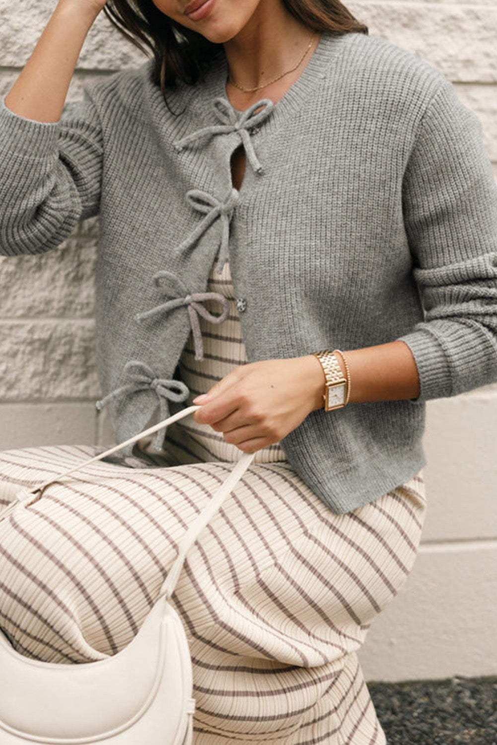 Bow-Front Knit Sweater | Soft Ribbed Long Sleeve -Gray