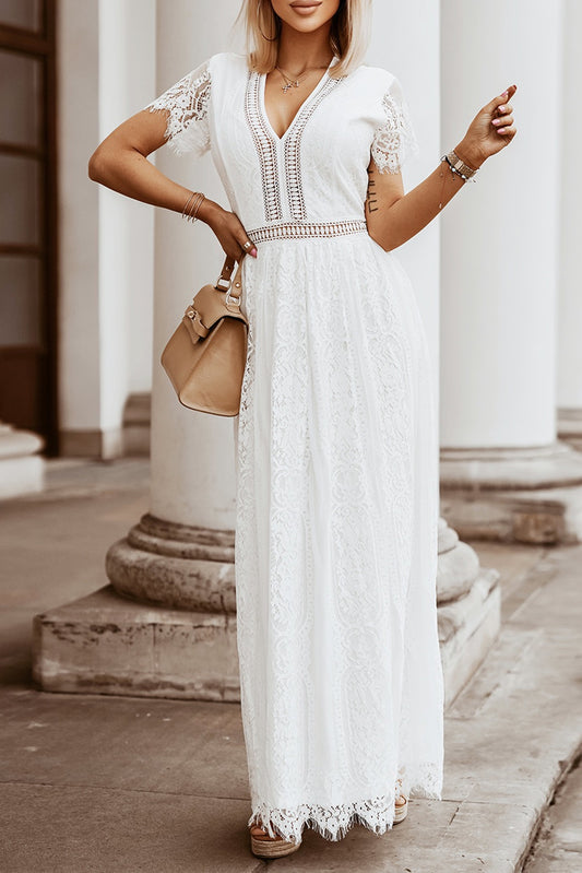 Lace V-Neck Maxi Dress - White