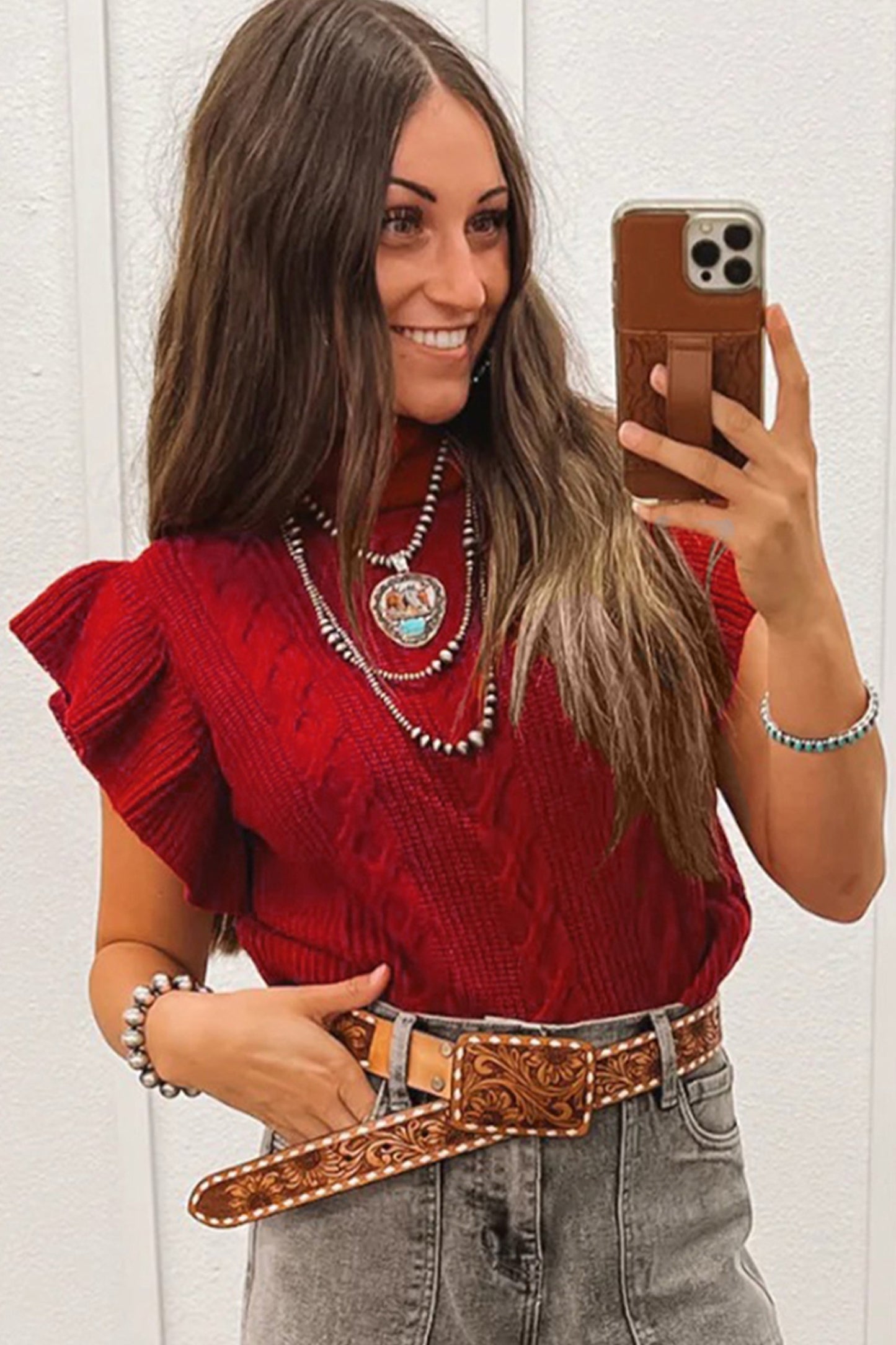 Red Cable Knit Textured Ruffle Sleeve Knit Top – Inspired Statement Sweater