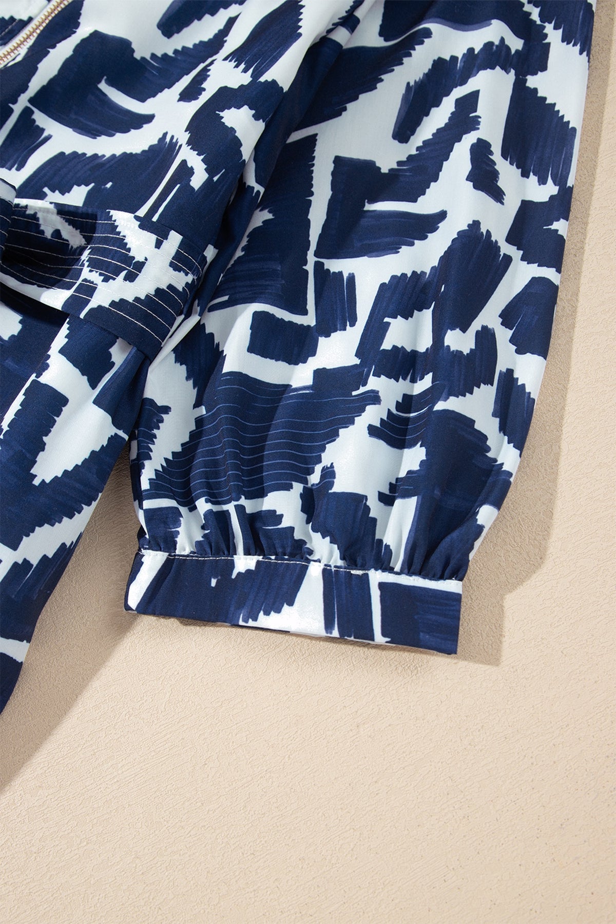 Navy & White Abstract Print Belted Zip Front Dress
