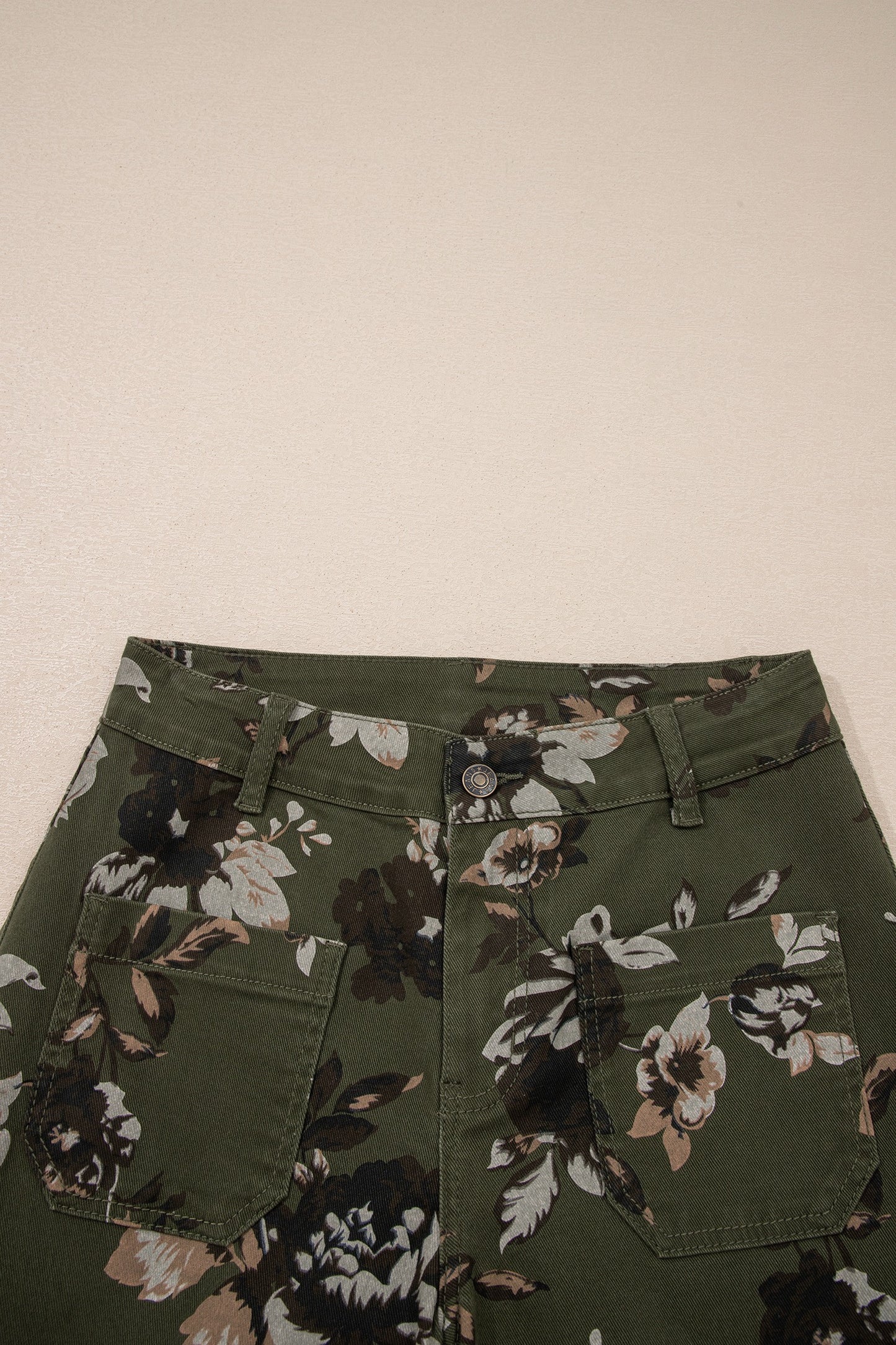Green Floral Wide Leg Pants for Women | High Waisted Stretch Twill Jean Cropped Trouser with Pockets