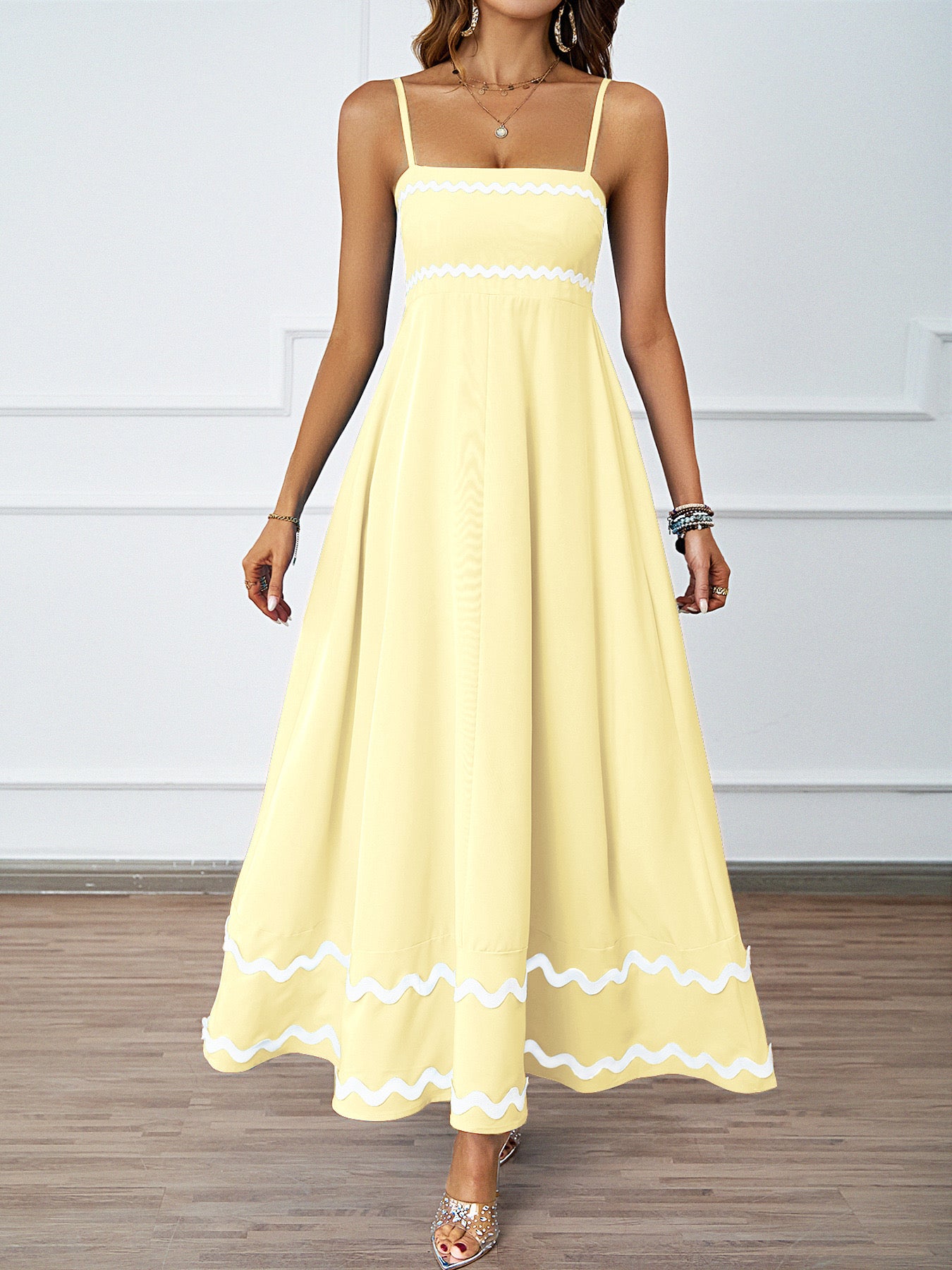 White Wavy Trim Maxi Sundress - Yellow