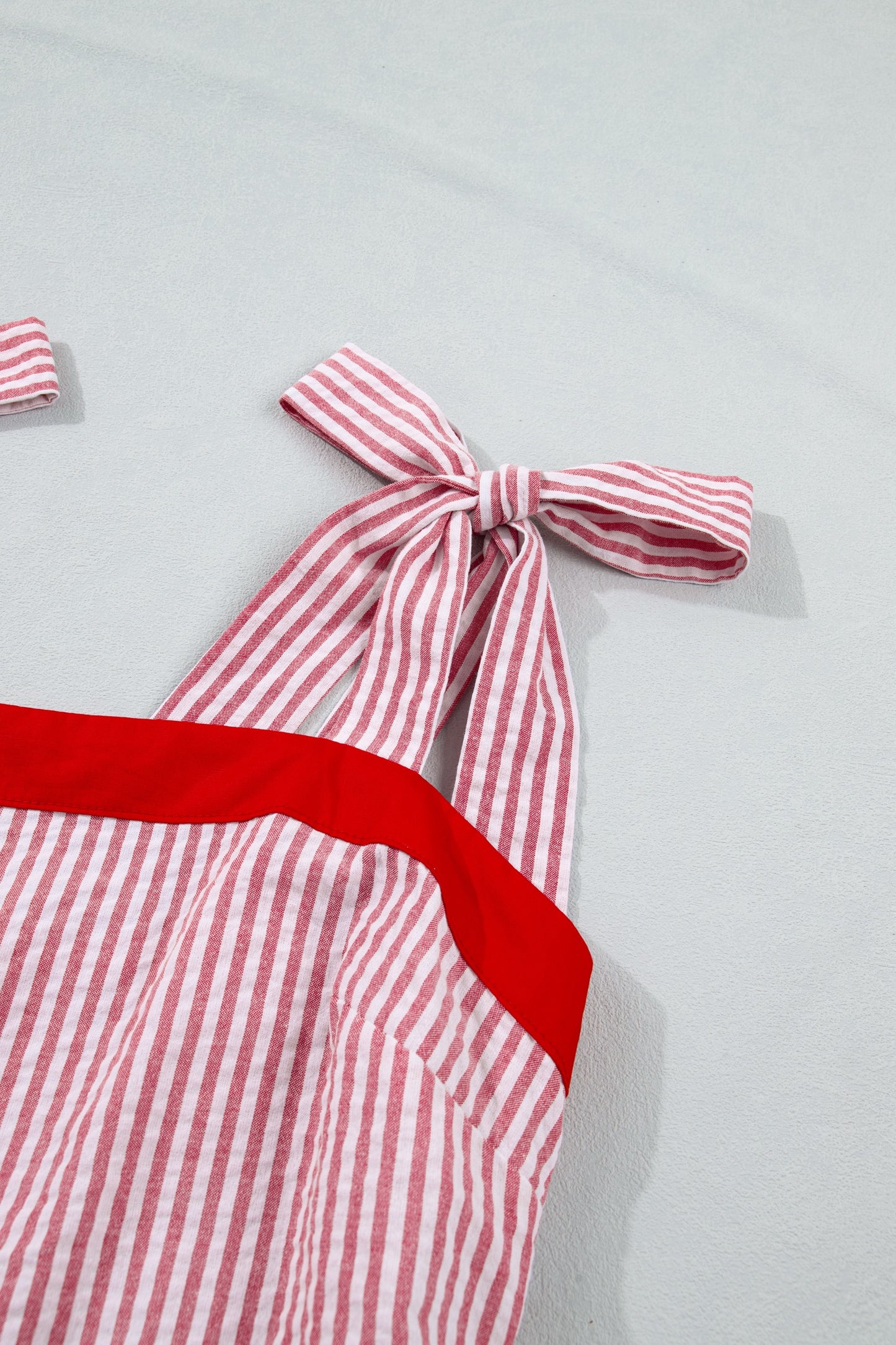 Sweet Americana Tie-Shoulder Striped Seersucker Red Maxi Dress with Pockets