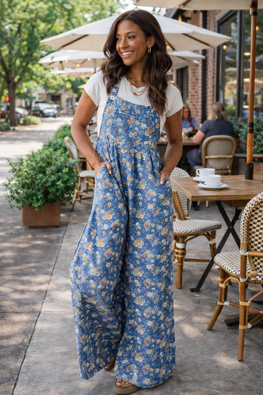 Vintage Rose Bloom Wide-Leg Floral Denim Jumpsuit Overalls for Women