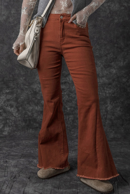 Raw Hem Wide Leg Jeans -Red Rust