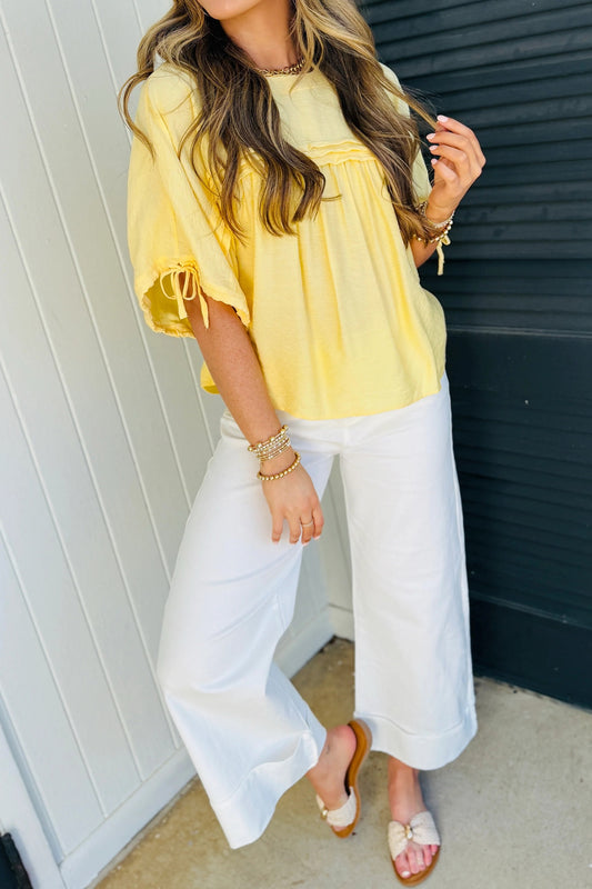 Women’s Lemon Yellow Flowy Babydoll Blouse | Lightweight Flutter Sleeve Spring Top for Women