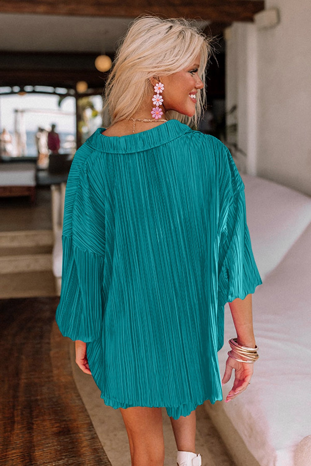 Pleated Two-Piece Blouse & Short Set -Teal