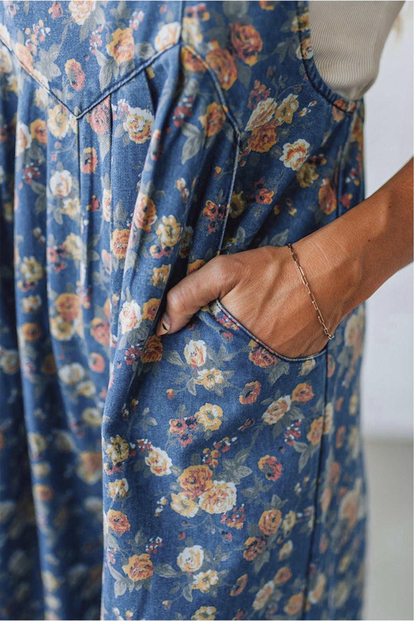 Vintage Rose Bloom Wide-Leg Floral Denim Jumpsuit Overalls for Women