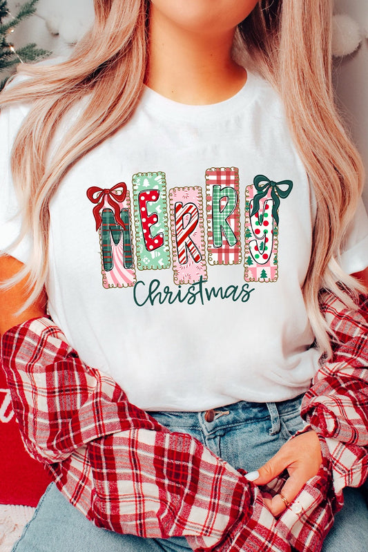 Patchwork “Merry Christmas” Graphic Tee – Festive Holiday Print T-Shirt