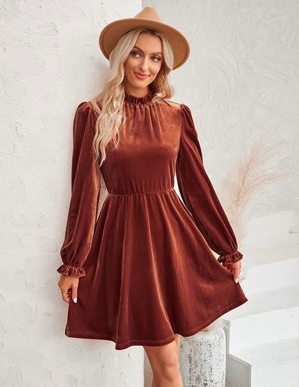 Flounce Dress Velvet - Caramel