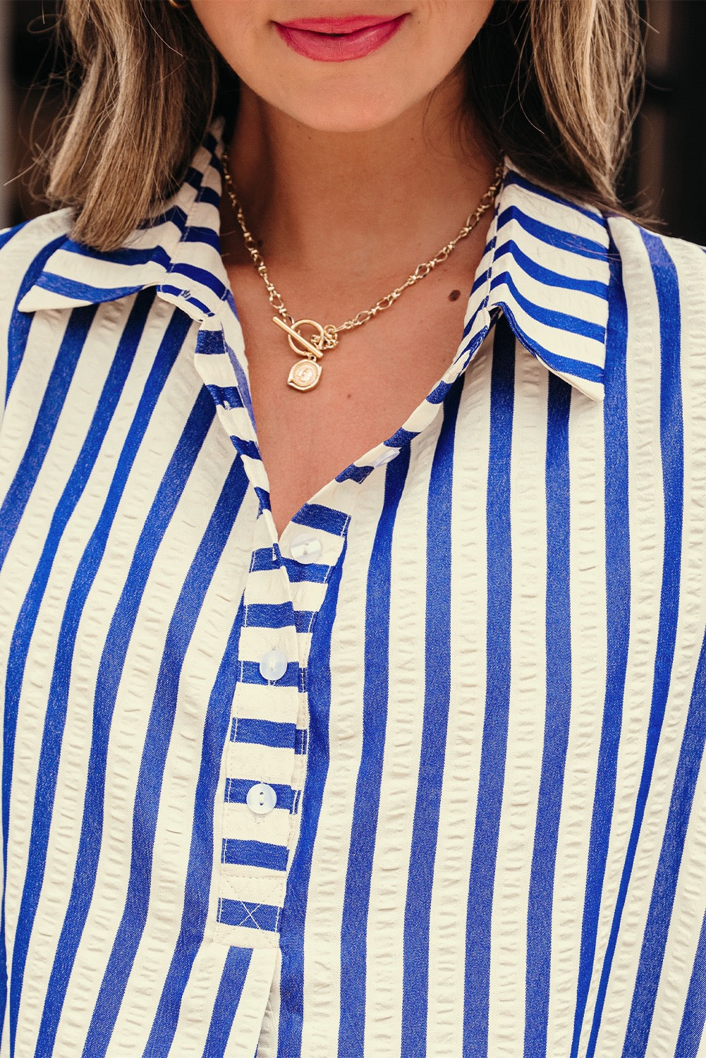 Blue & Ivory Striped Collared Mini Dress for Women | Chic Long Sleeve Boutique Shirt Dress
