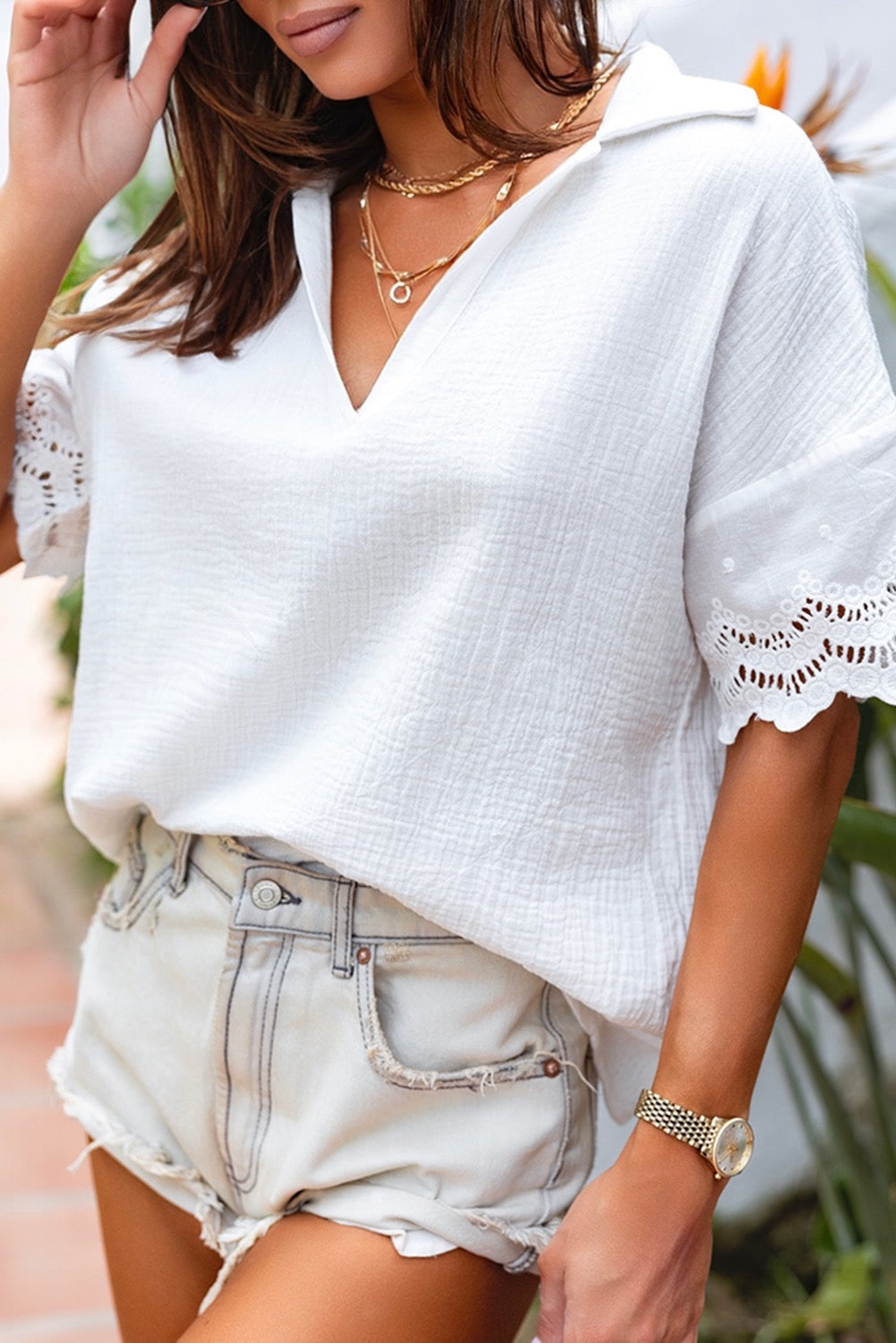 Crinkled Lace V Blouse - White
