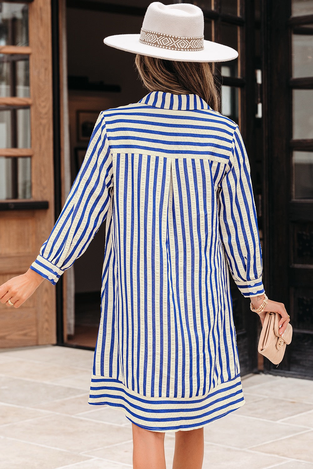 Blue & Ivory Striped Collared Mini Dress for Women | Chic Long Sleeve Boutique Shirt Dress