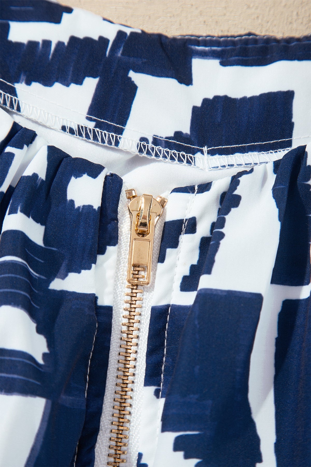 Navy & White Abstract Print Belted Zip Front Dress