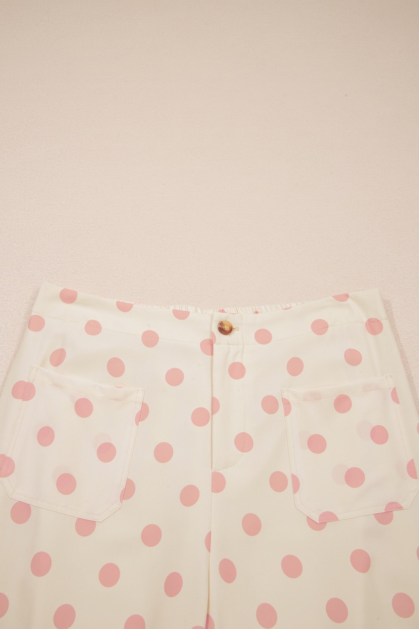 Cream & Pink Polka Dot Wide Leg Pants for Women – High Waisted Flowy Trousers with Pockets & Elastic Back Waist