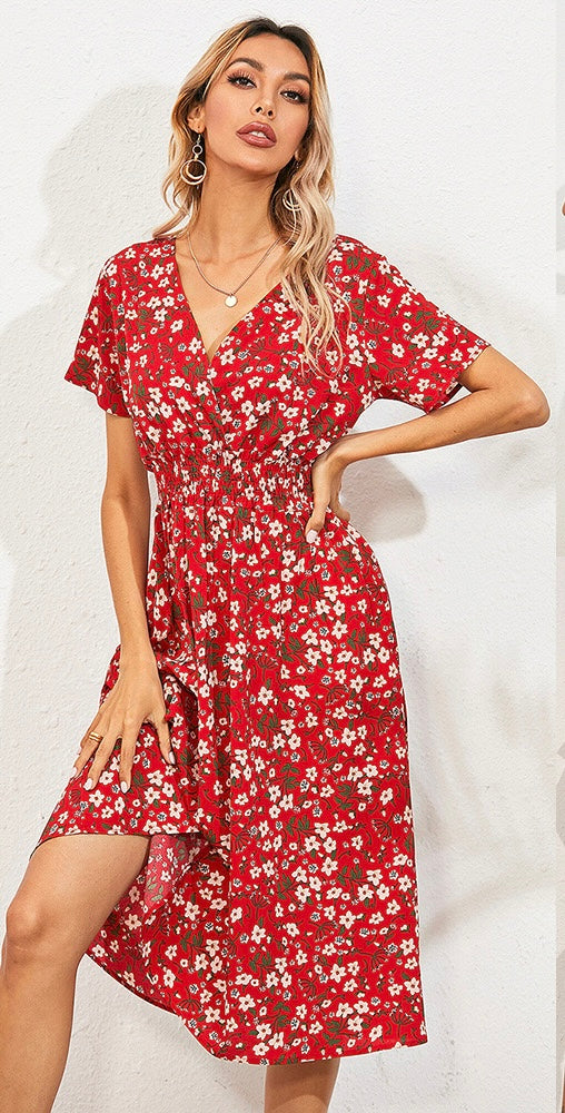 Red Floral V-Neck Midi Dress – Effortless Elegance for Every Occasion