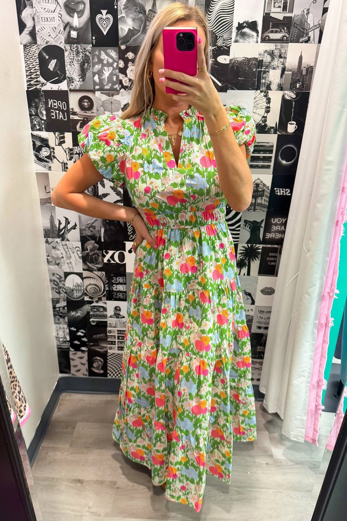 Woman wearing a colorful floral dress 