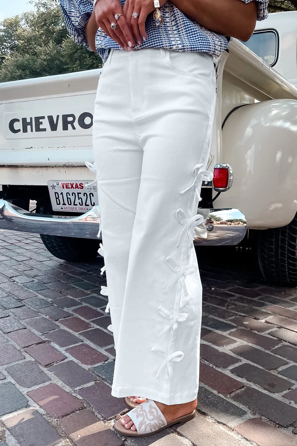 White Bow Detail Wide Leg Denim Pants for Women | High Waisted Chic Trousers