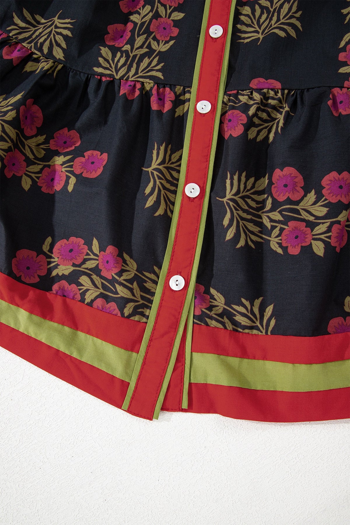 Black Floral Button Front Belted Mini Dress with Puff Sleeves