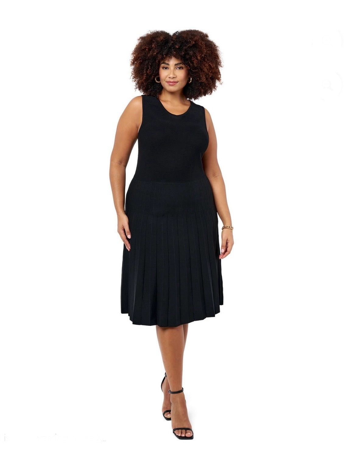Classic Black Sleeveless Ribbed Knit Midi Dress – Fit & Flare Pleated Hem