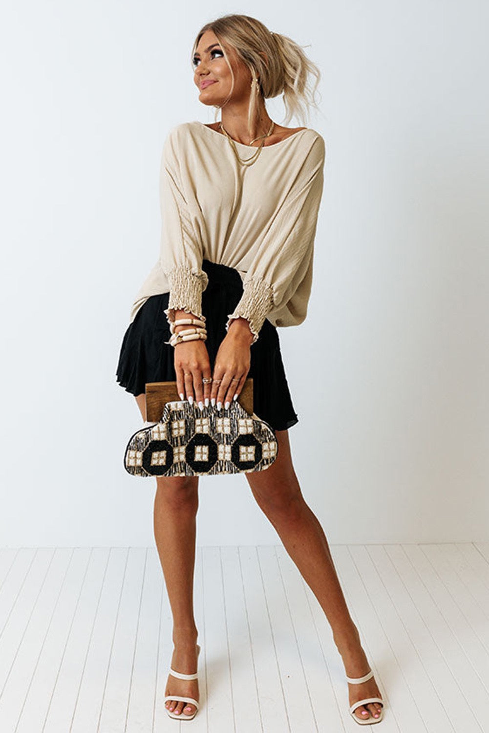 Women’s Oversized Beige Smocked Sleeve Tunic Top – Boho Chic Lightweight Long Sleeve Blouse