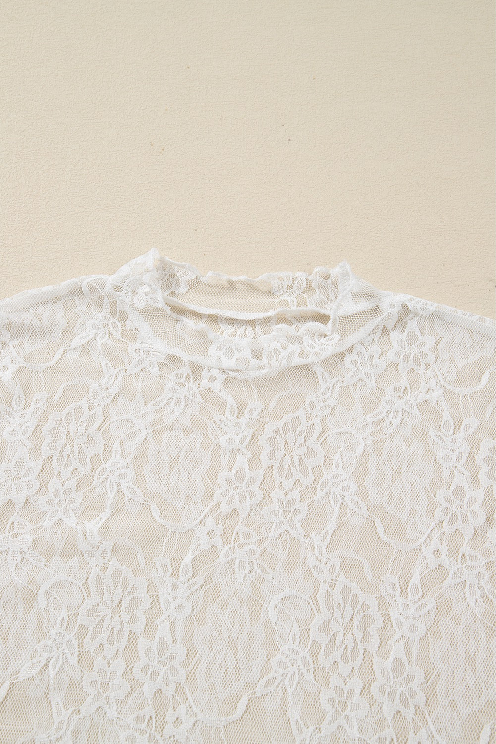 Elegant Sheer Lace Long Sleeve Top for Women – Romantic Fitted Layering Blouse in White