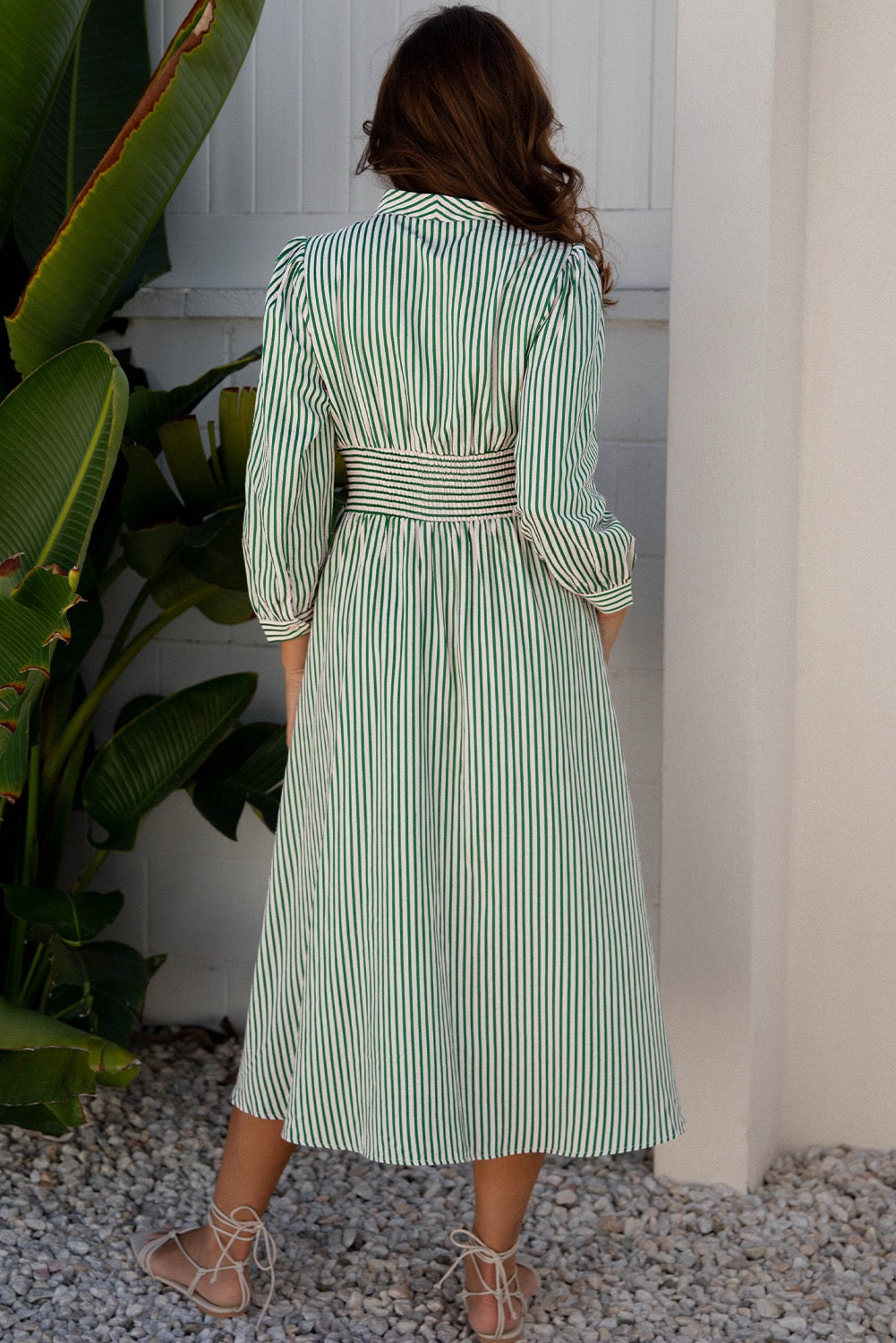Green & White Striped Zip Front Midi Dress with Pockets | Women’s Long Sleeve Smocked Waist Dress