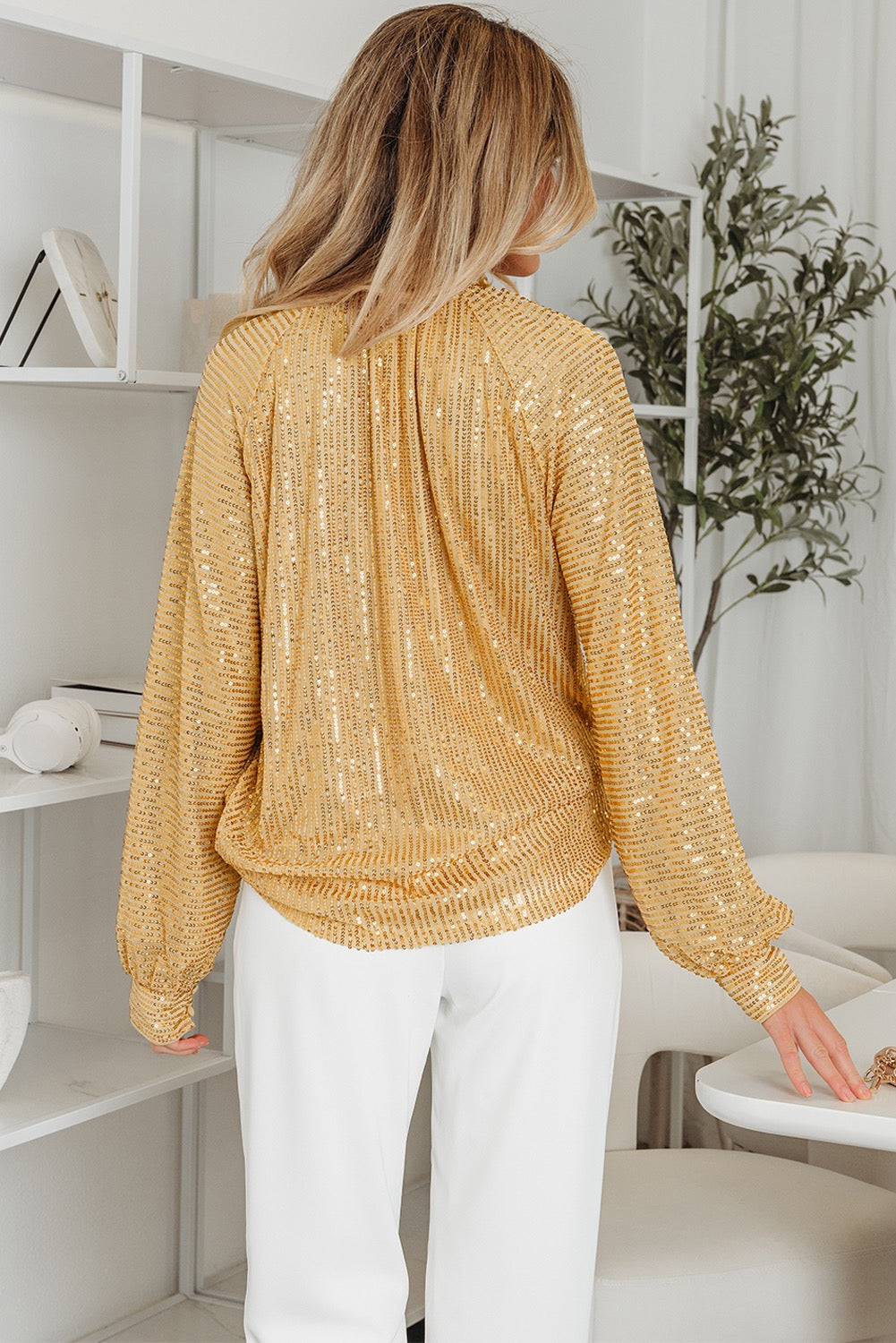 Gold Sequin Mock Neck Blouse – Long Sleeve Shimmer Top for Holidays & Special Events