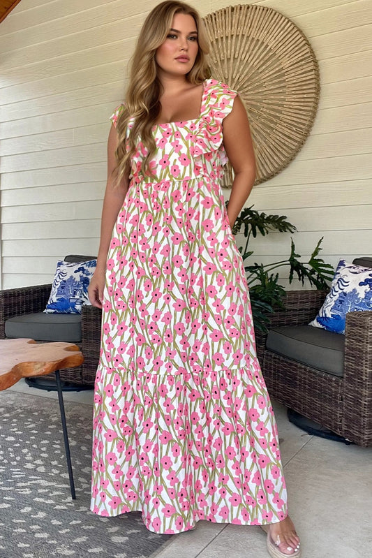 Floral Ruffle Sleeve Square Front Maxi Dress -Pink