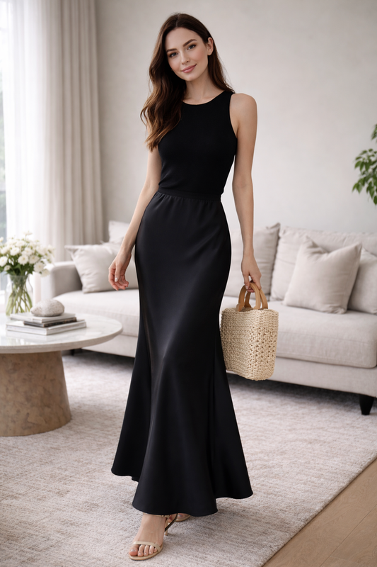 Elegant Black Satin High-Waisted Maxi Skirt – Chic Flowing Evening & Workwear Staple