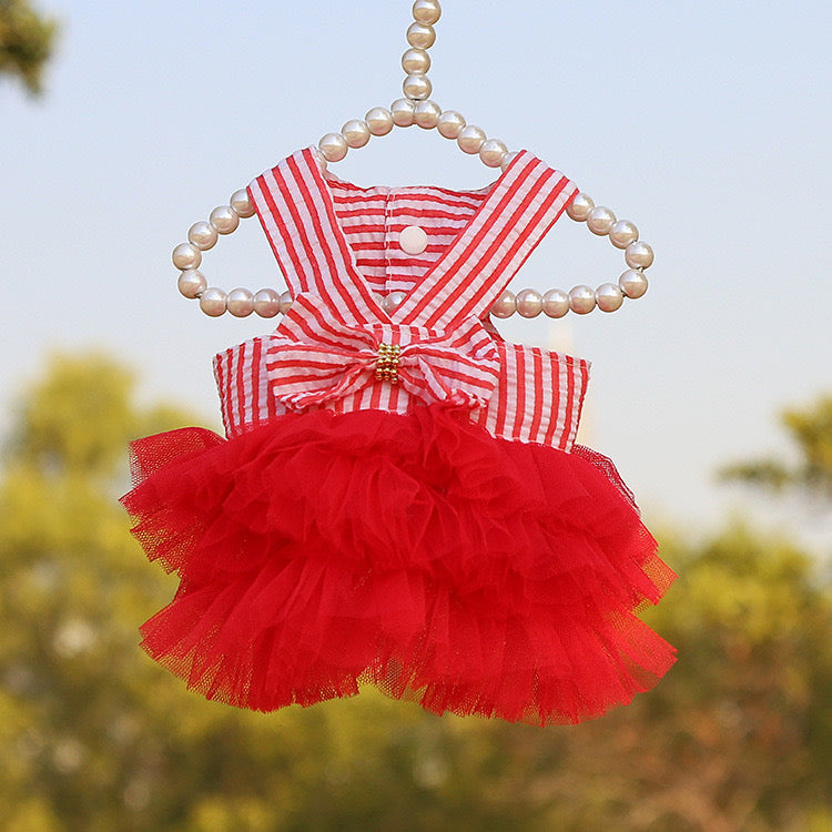 Red Striped Seersucker Tutu Dog Dress with Bow | Cute Small Dog Party Dress for Dog