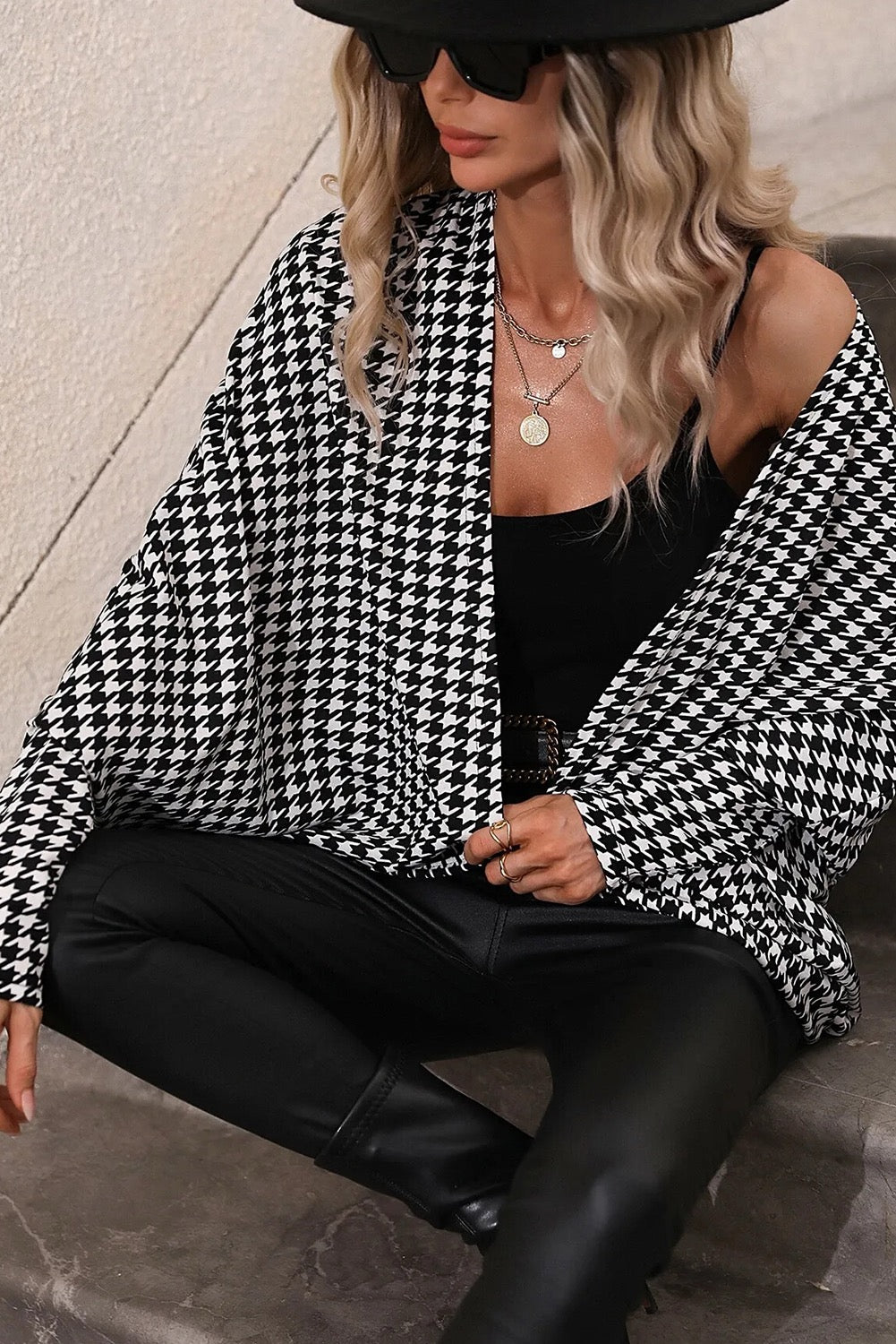 Oversized Houndstooth Open Front Blazer – Black & White Statement Cardigan Jacket