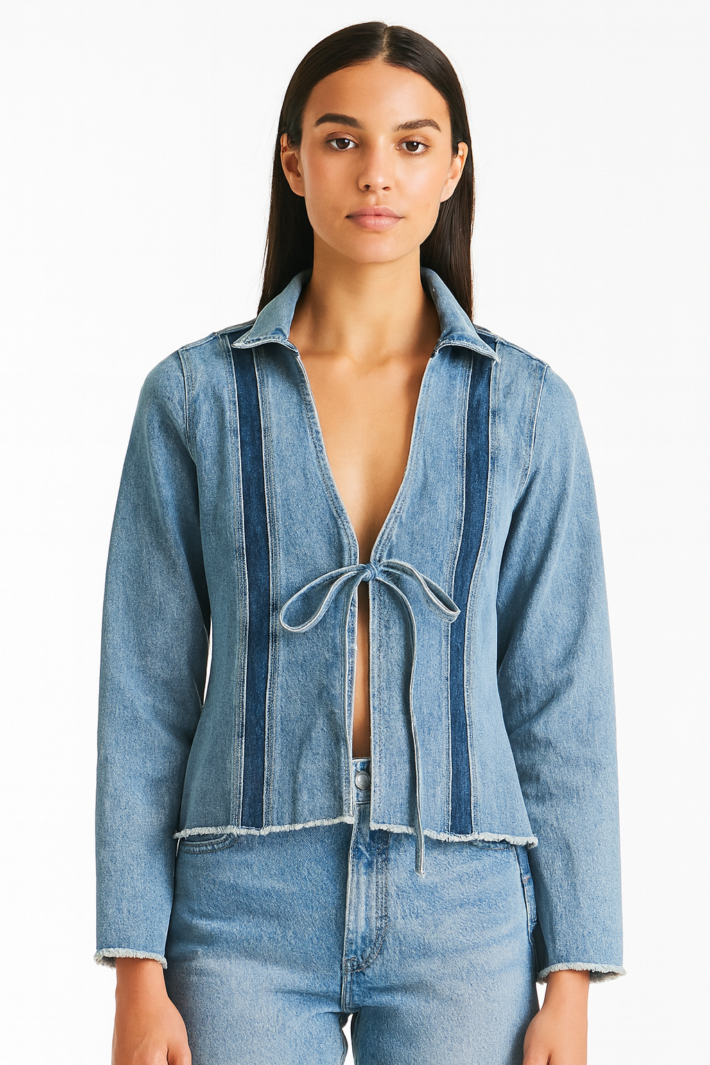 Denim Tie front Jacket Contrast Stripe - Blue