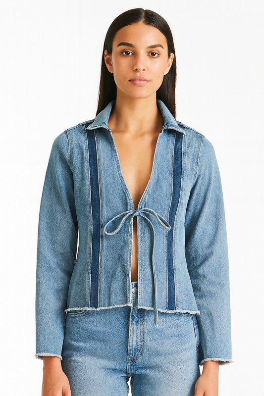 Denim Tie front Jacket Contrast Stripe - Blue