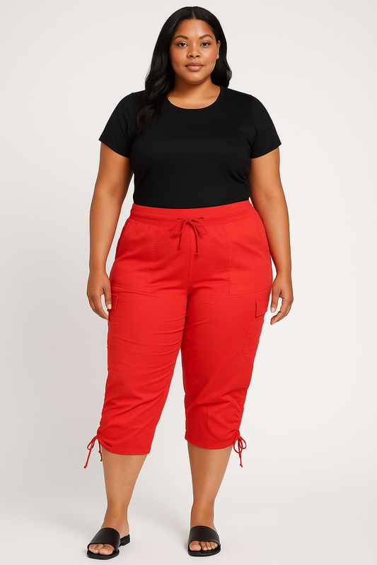 Drawstring Capri Cargo Pants Red
