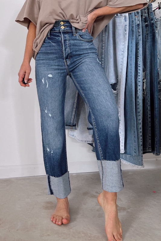 High Rise Blue Cuffed Distressed Jeans – Chic Vintage Denim with Modern Edge